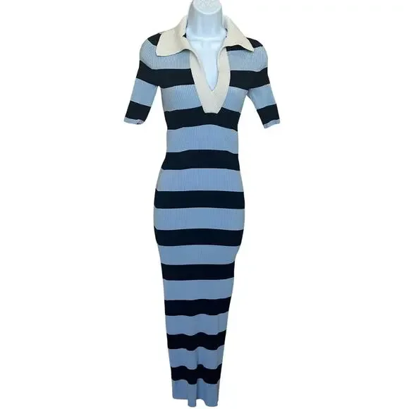 A.L.C. Blue Black Stripe Polo Midi Dress XL Preppy Ribbed Knit Designer $500 - Picture 3 of 12